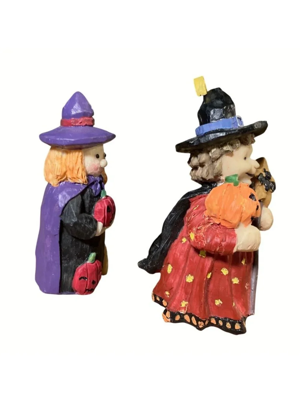 Halloween Witch Figurines Set Of 2 Hand-Painted Resin Pumpkin Decor